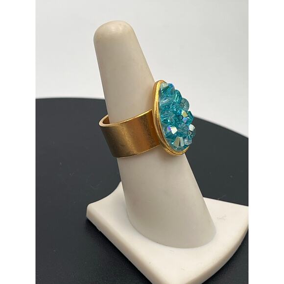 Liz Palacios Teardrop Blue AB Swarovski Crystal Gold Plated Wide Band Ring Sz 7 - Picture 6 of 8